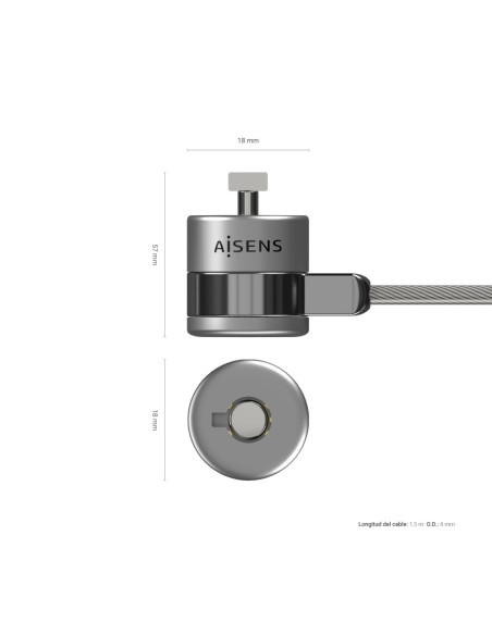 AISENS Cable de Seguridad con Cerradura de Llave para Ordenador, Monitor, Portatil 1.5 m