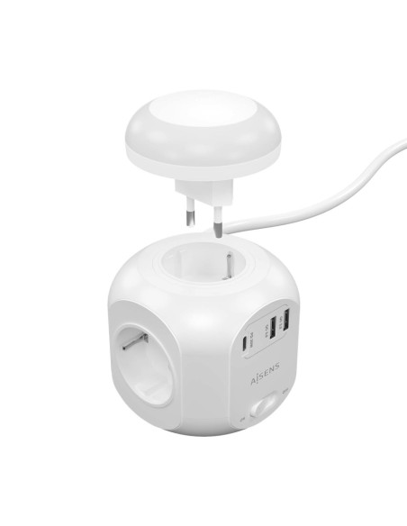 AISENS Regleta de Enchufes Sobremesa Multifuncion con 4 Tomas + 1xUSB-C 20W PD3.0, 2xUSB-A 18W QC3.0, Luz Nocturna, 1.8M, Blanco
