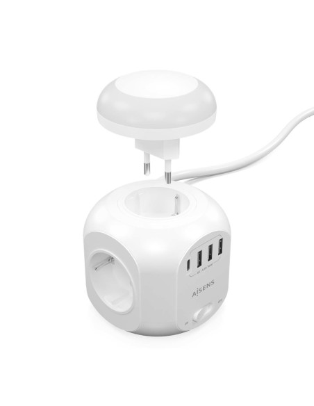 AISENS Regleta de Enchufes Sobremesa Multifuncion con 4 Tomas + 1XUSB-C, 3XUSB-A, Luz Nocturna, 1.8M, Blanco