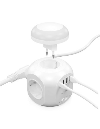 AISENS Regleta de Enchufes Sobremesa Multifuncion con 4 Tomas + 1XUSB-C, 3XUSB-A, Luz Nocturna, 1.8M, Blanco
