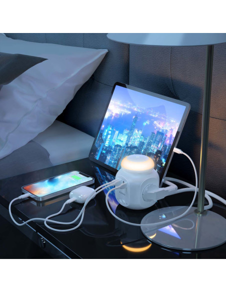 AISENS Regleta de Enchufes Sobremesa Multifuncion con 4 Tomas + 1XUSB-C, 3XUSB-A, Luz Nocturna, 1.8M, Blanco
