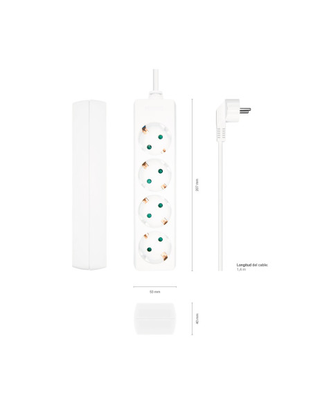 AISENS Base Multiple 4 Tomas Sin Interruptor Con Cable 3x1.5mm2, Blanco, 1.4m