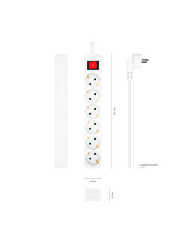 AISENS Base Multiple 6 Tomas Con Interruptor Con Cable 3x1.5mm2, Blanco, 1.4m