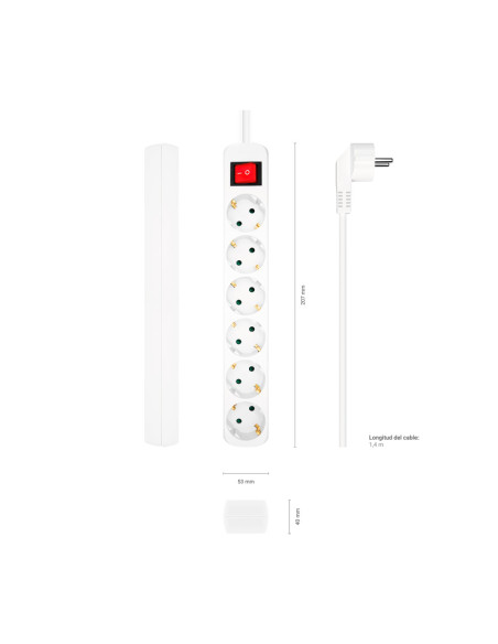 AISENS Base Multiple 6 Tomas Con Interruptor Con Cable 3x1.5mm2, Blanco, 1.4m