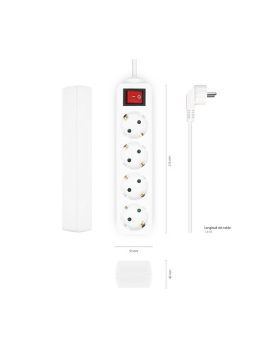 AISENS Base Multiple 4 Tomas con Interruptor con Cable 3×1.5mm2, Blanco, 1.4 m