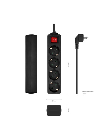 AISENS Base Multiple 4 Tomas con Interruptor con Cable 3×1.5mm2, Negro, 1.4 m