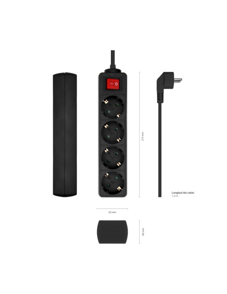 AISENS Base Multiple 4 Tomas con Interruptor con Cable 3×1.5mm2, Negro, 1.4 m