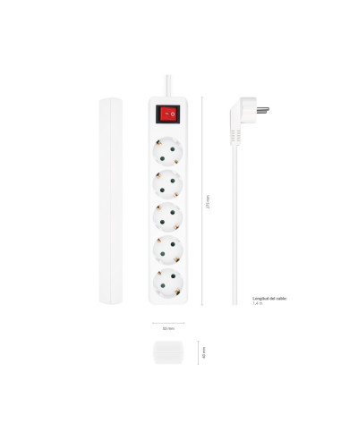 AISENS Base Multiple 5 Tomas con Interruptor con Cable 3×1.5mm2, Blanco, 1.4 m