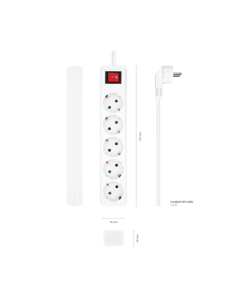 AISENS Base Multiple 5 Tomas con Interruptor con Cable 3×1.5mm2, Blanco, 1.4 m
