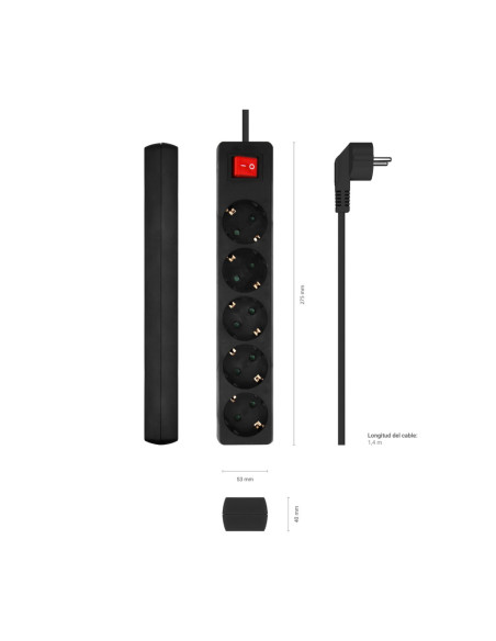 AISENS Base Multiple 5 Tomas con Interruptor con Cable 3×1.5mm2, Negro, 1.4 m