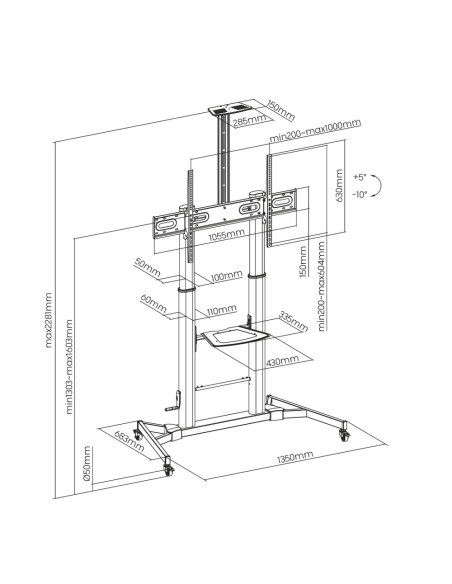 AISENS Soporte de Suelo ECO con Ruedas y Manivela, Bandeja para DVD y Soporte de Cámara para Monitor/TV 100Kg de 60-100, Negro