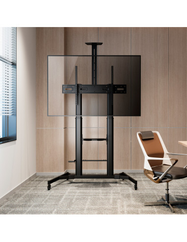 AISENS Soporte de Suelo ECO con Ruedas y Manivela, Bandeja para DVD y Soporte de Cámara para Monitor/TV 100Kg de 60-100, Negro