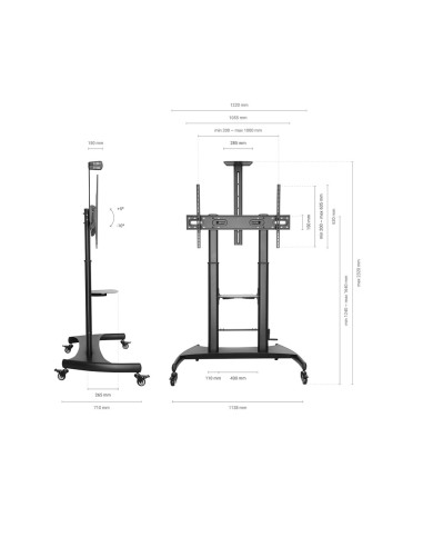 AISENS Soporte de Suelo ECO con Ruedas y Manivela, Bandeja para DVD y Soporte de Cámara para Monitor/TV 100Kg de 60-100, Negro