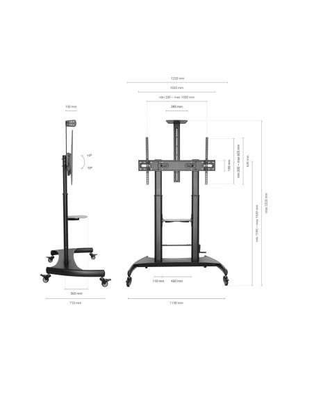AISENS Soporte de Suelo ECO con Ruedas y Manivela, Bandeja para DVD y Soporte de Cámara para Monitor/TV 100Kg de 60-100, Negro