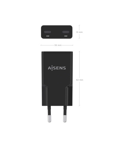 AISENS ASCH-30W2P049-BK cargador de dispositivo móvil Cámara digital, MP3, MP4, Teléfono móvil, Navegante, Portátil, Consola de 