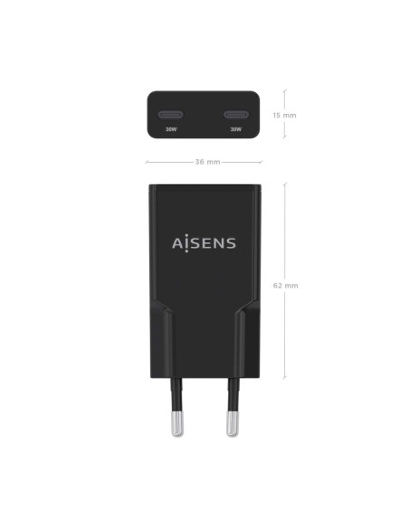 AISENS ASCH-30W2P049-BK cargador de dispositivo móvil Cámara digital, MP3, MP4, Teléfono móvil, Navegante, Portátil, Consola de 