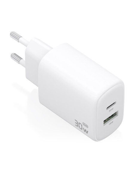 AISENS Cargador GaN 30W, 1xUSB-C PD3.0 QC4.0, 1xUSB-A QC3.0, Blanco