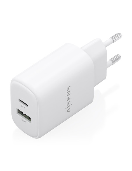 AISENS Cargador GaN 30W, 1xUSB-C PD3.0 QC4.0, 1xUSB-A QC3.0, Blanco