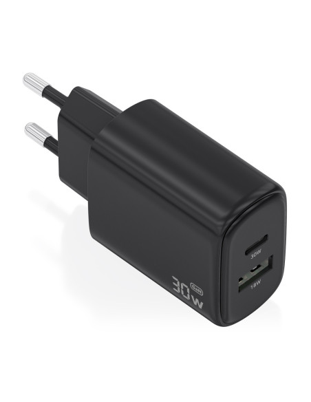 AISENS Cargador GaN 30W, 1xUSB-C PD3.0 QC4.0, 1xUSB-A QC3.0, Negro