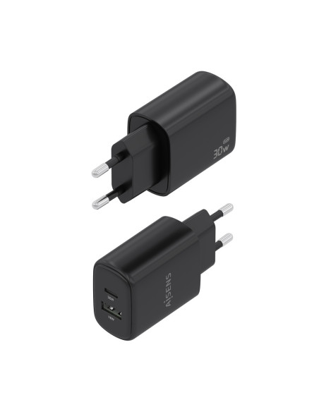 AISENS Cargador GaN 30W, 1xUSB-C PD3.0 QC4.0, 1xUSB-A QC3.0, Negro