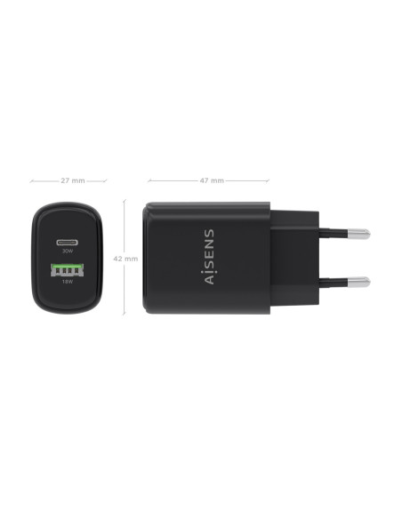 AISENS Cargador GaN 30W, 1xUSB-C PD3.0 QC4.0, 1xUSB-A QC3.0, Negro