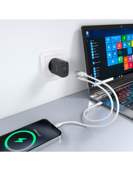 AISENS Cargador GaN 30W, 1xUSB-C PD3.0 QC4.0, 1xUSB-A QC3.0, Negro