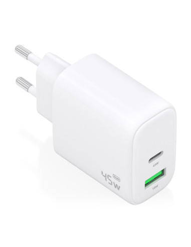 AISENS Cargador GaN 45W, 1xUSB-C PD3.0 QC4.0, 1xUSB-A QC3.0, Blanco