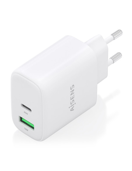 AISENS Cargador GaN 45W, 1xUSB-C PD3.0 QC4.0, 1xUSB-A QC3.0, Blanco