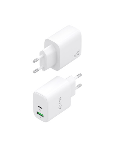 AISENS Cargador GaN 45W, 1xUSB-C PD3.0 QC4.0, 1xUSB-A QC3.0, Blanco