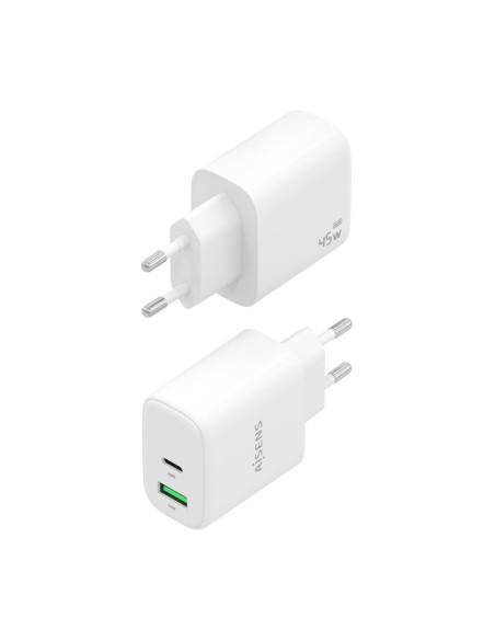AISENS Cargador GaN 45W, 1xUSB-C PD3.0 QC4.0, 1xUSB-A QC3.0, Blanco