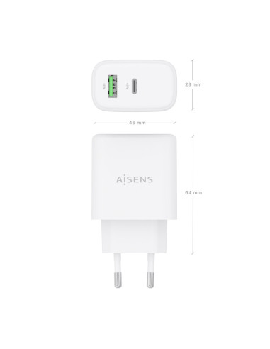 AISENS Cargador GaN 45W, 1xUSB-C PD3.0 QC4.0, 1xUSB-A QC3.0, Blanco