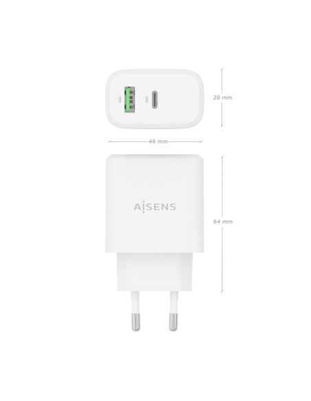 AISENS Cargador GaN 45W, 1xUSB-C PD3.0 QC4.0, 1xUSB-A QC3.0, Blanco