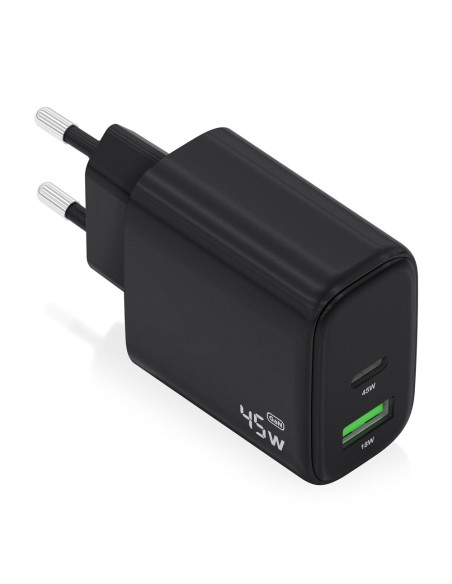 AISENS Cargador GaN 45W, 1xUSB-C PD3.0 QC4.0, 1xUSB-A QC3.0, Negro