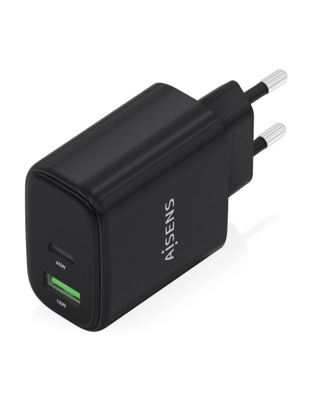 AISENS Cargador GaN 45W, 1xUSB-C PD3.0 QC4.0, 1xUSB-A QC3.0, Negro