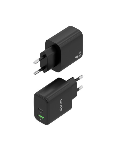 AISENS Cargador GaN 45W, 1xUSB-C PD3.0 QC4.0, 1xUSB-A QC3.0, Negro
