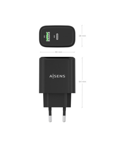 AISENS Cargador GaN 45W, 1xUSB-C PD3.0 QC4.0, 1xUSB-A QC3.0, Negro