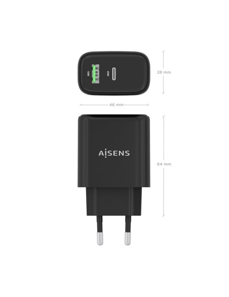 AISENS Cargador GaN 45W, 1xUSB-C PD3.0 QC4.0, 1xUSB-A QC3.0, Negro