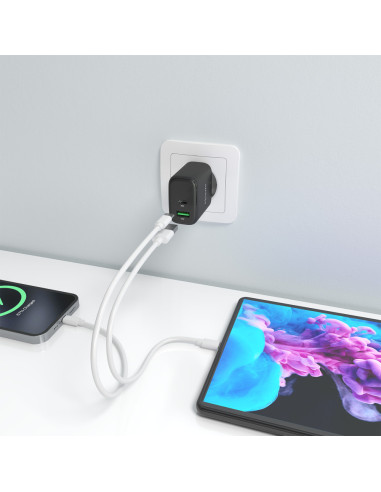 AISENS Cargador GaN 45W, 1xUSB-C PD3.0 QC4.0, 1xUSB-A QC3.0, Negro