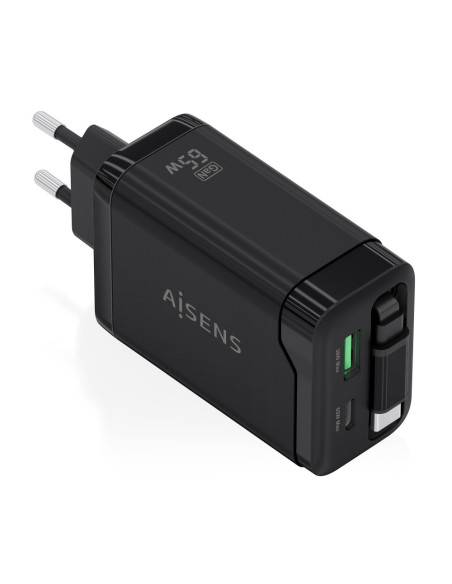 AISENS Cargador GaN 65W, 1xUSB-C Cable Retractil, 1xUSB-C PD3.0, 1xUSB-A QC3.0, Negro
