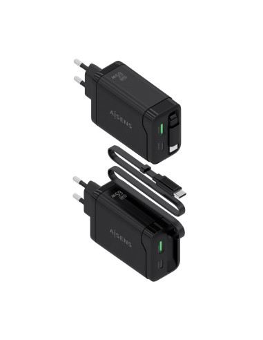 AISENS Cargador GaN 65W, 1xUSB-C Cable Retractil, 1xUSB-C PD3.0, 1xUSB-A QC3.0, Negro