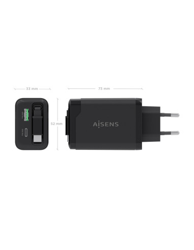 AISENS Cargador GaN 65W, 1xUSB-C Cable Retractil, 1xUSB-C PD3.0, 1xUSB-A QC3.0, Negro