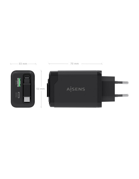 AISENS Cargador GaN 65W, 1xUSB-C Cable Retractil, 1xUSB-C PD3.0, 1xUSB-A QC3.0, Negro