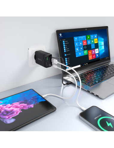 AISENS Cargador GaN 65W, 1xUSB-C Cable Retractil, 1xUSB-C PD3.0, 1xUSB-A QC3.0, Negro