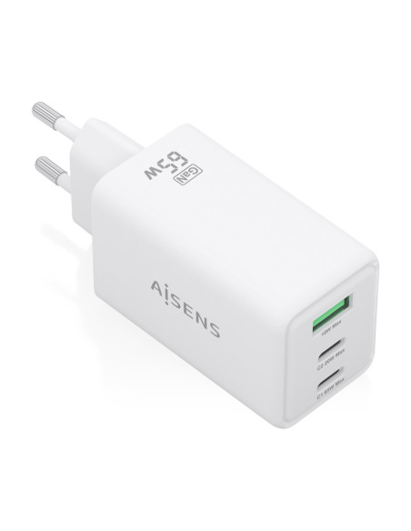 AISENS Cargador GaN 65W, 2xUSB-C PD3.0 QC4.0, 1xUSB-A QC3.0, Blanco