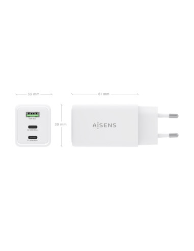 AISENS Cargador GaN 65W, 2xUSB-C PD3.0 QC4.0, 1xUSB-A QC3.0, Blanco