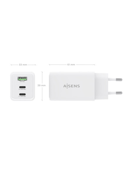 AISENS Cargador GaN 65W, 2xUSB-C PD3.0 QC4.0, 1xUSB-A QC3.0, Blanco
