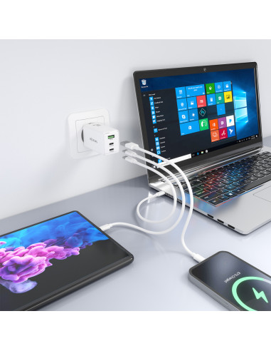 AISENS Cargador GaN 65W, 2xUSB-C PD3.0 QC4.0, 1xUSB-A QC3.0, Blanco