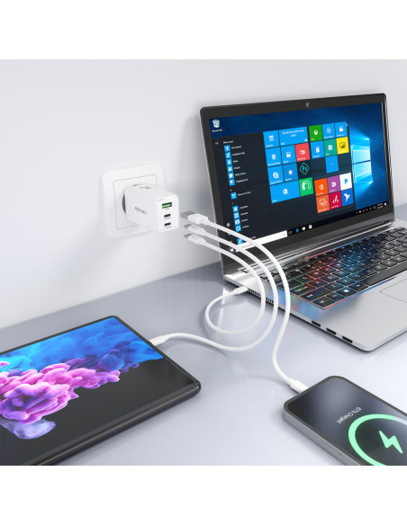AISENS Cargador GaN 65W, 2xUSB-C PD3.0 QC4.0, 1xUSB-A QC3.0, Blanco