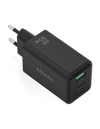 AISENS Cargador GaN 65W, 2xUSB-C PD3.0 QC4.0, 1xUSB-A QC3.0, Negro