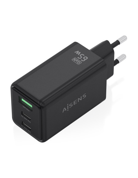 AISENS Cargador GaN 65W, 2xUSB-C PD3.0 QC4.0, 1xUSB-A QC3.0, Negro